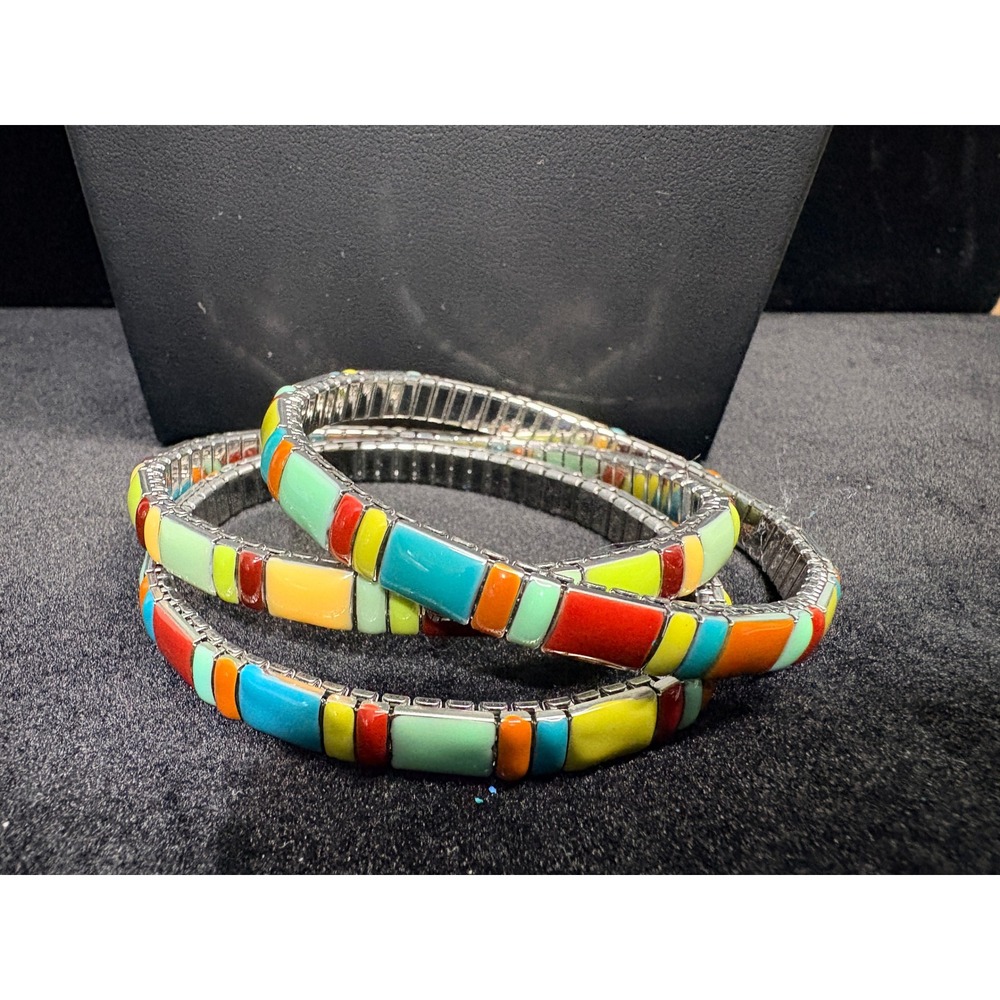 Set of 3 Multi Color Enamel Inlay Stretch Bracelets Silver Tone Boho Stackable